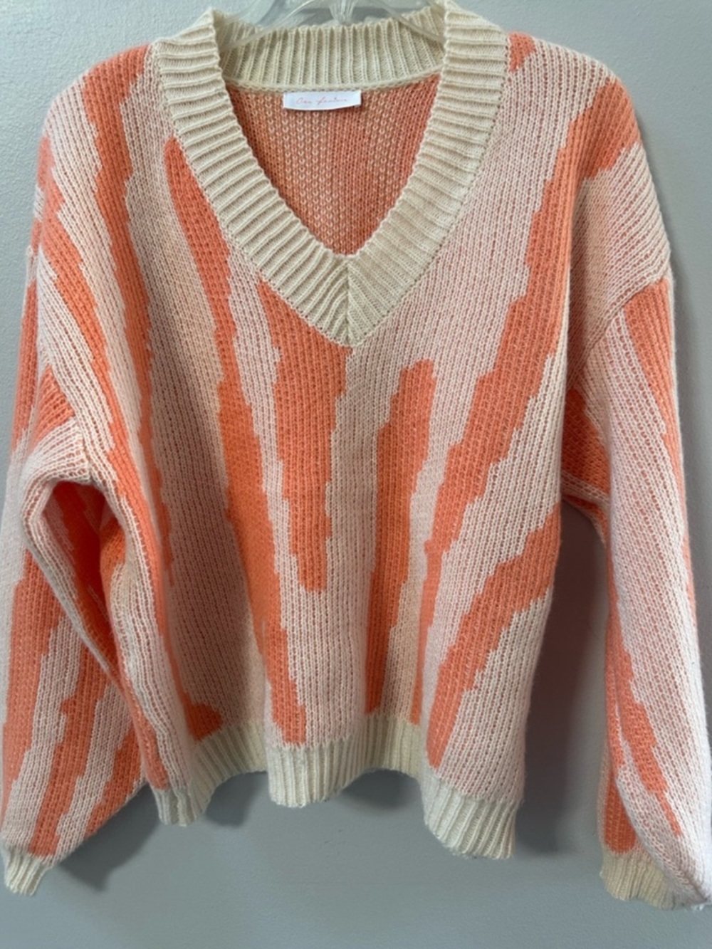 Oversized Peach Cream Striped Knit Sweater V Neck Slouchy Spring Cozy S